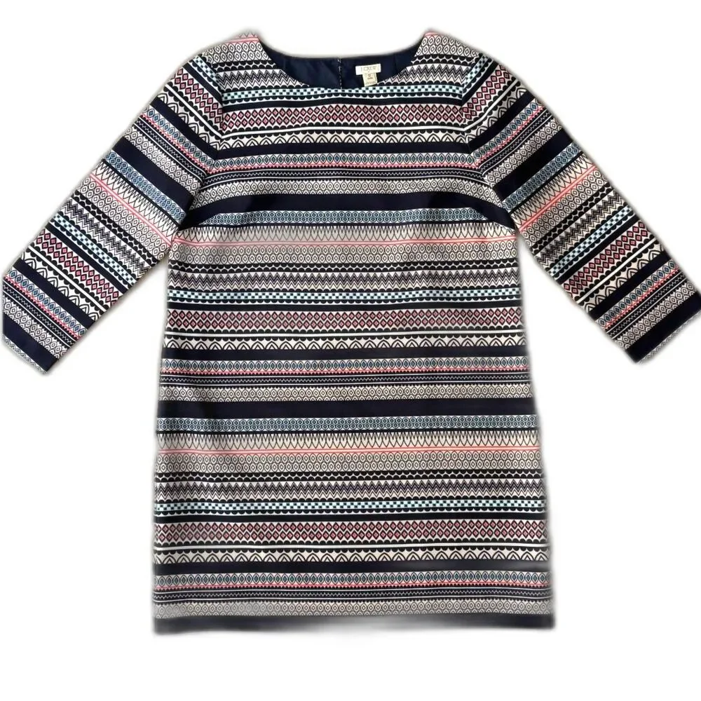 J.Crew Printed Gallery Shift Dress 12P Navy Pink Geometric Stripe Zip Back Blue